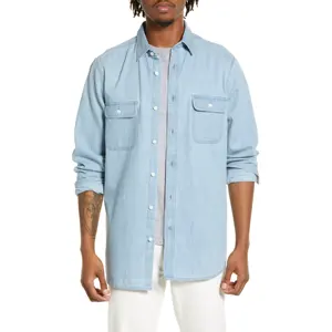 Wholesale logotipo personalizado moda oversized manga longa guarnição fit botão up denim camisas para homens do vintage