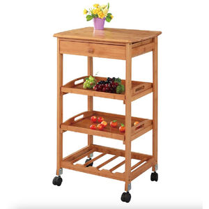 Chariot de service de cuisine en bambou à 4 niveaux personnalisé <span class=keywords><strong>sur</strong></span> roues avec tiroir réglable, panier et plateau amovibles en fil métallique - Product Image 3