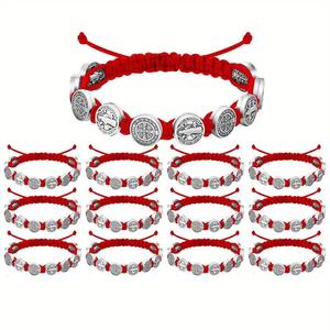 Pulsera de Cuerda Roja con Cuentas de <span class=keywords><strong>San</strong></span> <span class=keywords><strong>Benito</strong></span> Hecha a Mano, Amuleto de Protección Ajustable, Medalla Religiosa Premium para Hombre - Product Image 6