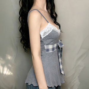 CAMIS sin mangas con bloques de color a rayas |   Ribete de Encaje y Detalle de Lazo Dulce |   Top de Verano Ajustado de Cintura Alta |   Tejido Ecológico - Product Image 3