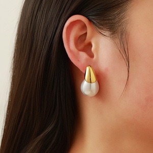 Boucles d'oreilles en forme de goutte d'eau, imitation perle, plaqué or, acier inoxydable, bijoux tendance - Product Image 2