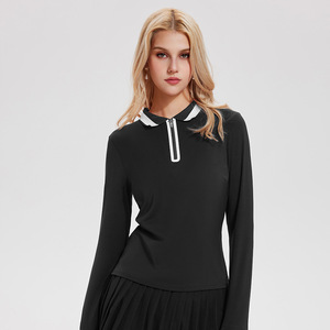 เสื้อยืดแขนยาวกีฬาวินเทจสำหรับผู้หญิงมีปกเสื้อโยคะคอวีแห้งเร็วเสื้อโปโลกลางแจ้งเทนนิส - Product Image 6