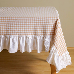 Nhà máy tùy chỉnh sang trọng <span class=keywords><strong>gingham</strong></span> hình chữ nhật màu trắng Ruffle cạnh Khăn trải bàn pháp lanh lanh ăn tối bảng vải - Product Image 2