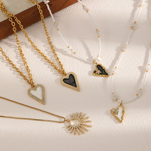 Collier pendentif cœur en acier inoxydable avec pavé de pierres, chaîne or noir et blanc, bijou pour femme, cadeau, chaîne de clavicule tendance - Product Image 3