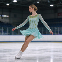 Robe de patinage artistique vert menthe pour enfants et adultes, col rond, manches longues en maille, dos en V orné de strass, pour compétition et spectacle