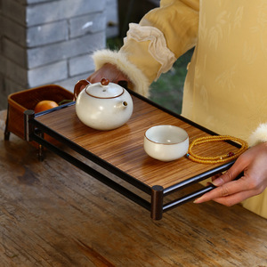 Estante de Almacenamiento para Juego de Té Retro de Bambú, Base de Exhibición con Tapete de Bambú - Product Image 4
