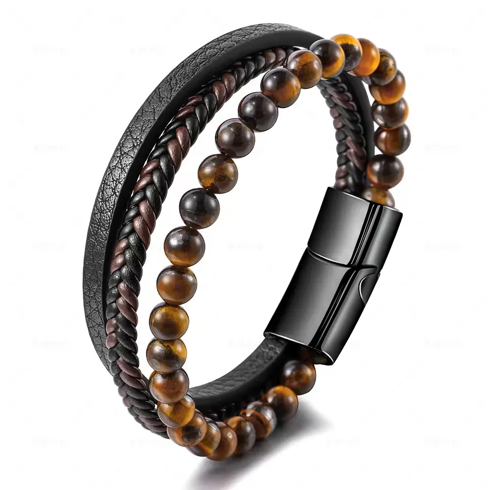 Tiger Eye Lava Men Natural Stone Bead Stainless Steel Magnetic Clasp Black Genuine Mens Leather Bracelet