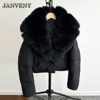 JANVENY 2025 Hiver Grand Manteau Duvet Matelassé Fourrure de Renard Naturelle Moelleuse Femme Chaud 90% Plumes de Canard Blanc Courte Doudoune Imperméable Parka