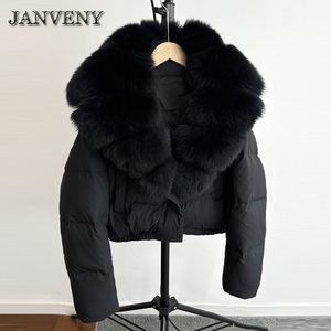 JANVENY 2025 Winter Big Natural Fox Fur Fluffy Puffer <strong>Coat</strong> <strong>Women</strong> Warm 90% White Duck Feather Down Short Jacket Waterproof <strong>Parka</strong>
