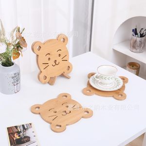 Bamboo <b>Bear</b> Coaster Set Animal Shape Heat Insulating Desktop Mat <b>Cute</b> Ornament Promotion - Product Image 3
