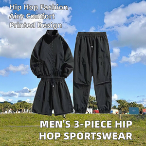 Conjunto personalizado de tres piezas para hombre estilo Hip Hop deportes Casual estampado otoño camisetas de gran tamaño pantalones cortos ropa deportiva transpirable - Product Image 3