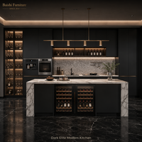 Armoires de cuisine modernes noires en panneaux mélaminés, acier inoxydable, stratifié marbré, design écologique et ignifuge pour appartement
