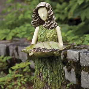 Garden Girl Bird Feeder Figurine <strong>Resin</strong> Tree Stump Statue with Seed Tray for Outdoor <strong>Backyard</strong> Decor Art - Product Image 3