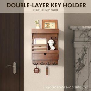 Wall Mounted Storage Rack With Drawer And <b>Hooks</b> For Keys Mail Plant Display Entryway Organizer Rectangle 3 Layers - Product Image 4