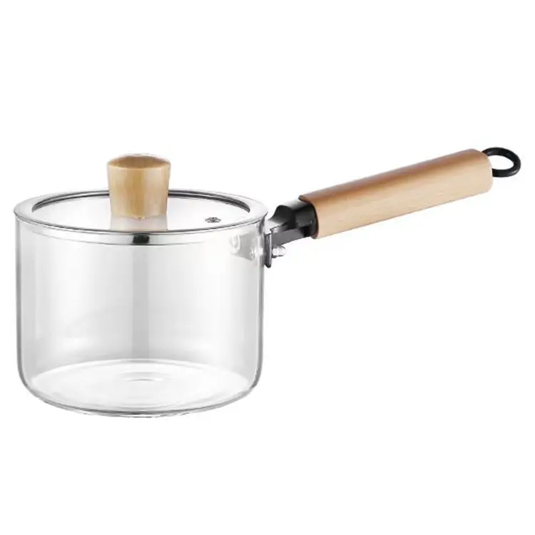 Ustensiles de cuisine 1500ml transparents faits à la main en verre à haute teneur en borosilicate pour soupe et marmites ustensiles de cuisine avec long manche en bois