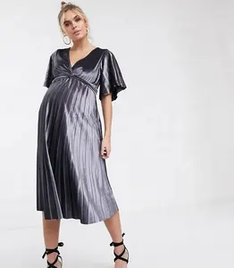 2021 नई डिजाइन थोक गर्भवती महिलाओं के कपड़े मातृत्व ट्विस्ट मोर्चा मखमल Pleated स्कर्ट मिडी पोशाक