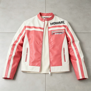 Custom Retro Cropped <strong>pink</strong> and White Faux Leather Racing <strong>Jacket</strong> Streetwear Retro Motorsport Color Block <strong>Biker</strong> <strong>Jacket</strong> for Men - Product Image 1