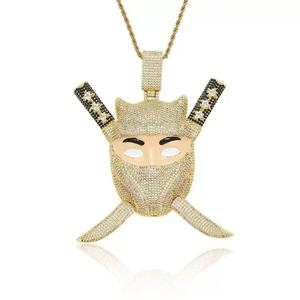 Collier pendentif Ninja en laiton plaqué or, style Hip Hop, avec grand et lourd cordon émaillé et zircons cubiques, <span class=keywords><strong>épée</strong></span> amovible pour homme - Product Image 4