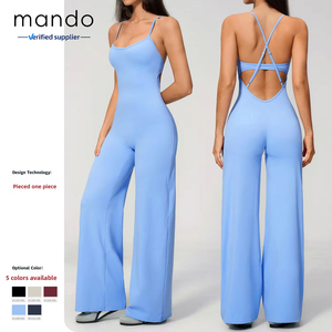 <span class=keywords><strong>Combinaison</strong></span> minimaliste unie à jambes larges, dos évidé, bretelles croisées fines réglables, avec coussinets de soutien-gorge intégrés, pour le sport, le yoga et le Pilates pour femmes - Product Image 2