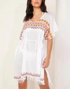 Summer New Style White Women Embroidered Beach Kaftan