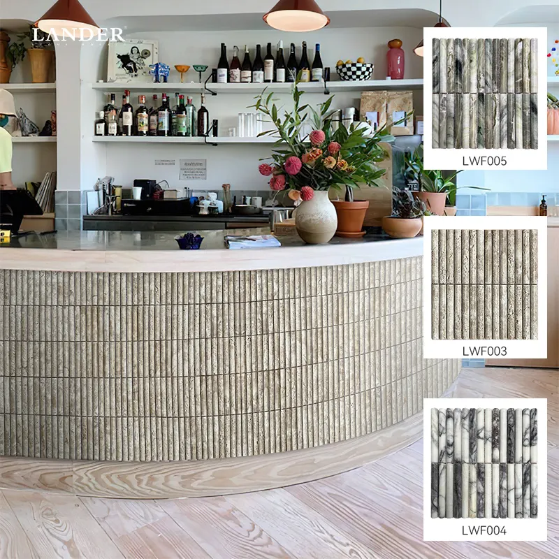 New design 3D beige travertine mosaic stone curve Fluted marble tile stone concave flute Marble Sideboard fluted travertine tile