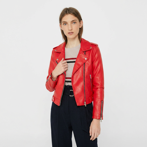 Nueva Chaqueta de Cuero Clásica para Mujer, Chaqueta de Cuero Genuino Transpirable con Cierre de Botones a Presión y Cremallera, Chaqueta de Cuero Roja - Product Image 1