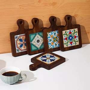 Walnut Wood Patterned Tile <b>Placemat</b> Square Enamel Design With Handle <b>For</b> Home <b>Table</b> Use - Product Image 3