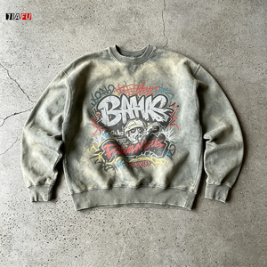 Oversized 400Gsm <strong>Men's</strong> Acid Wash Crewneck Sweatshirt Vintage Distressed Fleece Pullover Casual Streetwear Top <strong>S</strong>-3XL <strong>Hoodie</strong> <strong>Men</strong> - Product Image 1