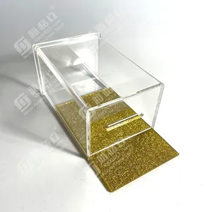 China Hersteller Custom Judaica Geschenke Acryl Spenden box Lucite Tzedakah Box mit Glitzer Schiebe deckel