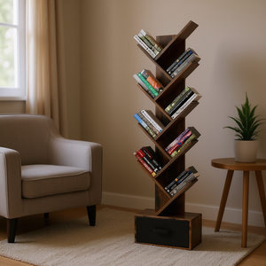 Modern Free Standing 9 Tier Tree <b>Bookshelf</b> With Drawer Rustic Brown Wood <b>Bookcase</b> For Home Office Living Room Furniture - Product Image 2