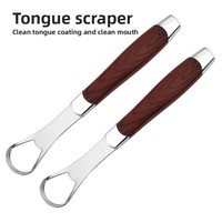 Grattoir à langue en acier inoxydable à motif bois avec plaque de nettoyage et brosse pour l'hygiène buccale et le nettoyage de la plaque linguale