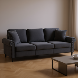 Dark Grey Velvet 3 Seater <b>Sofa</b> With Metal <b>Legs</b> Traditional Chesterfield Style Living Room Furniture - Product Image 2