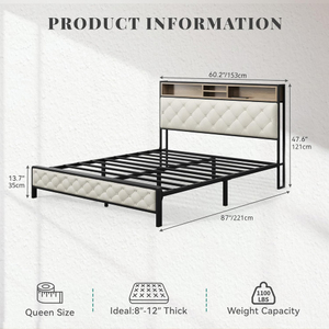 Adjustable Platform <b>Bed</b> Frame Charging Station Velvet Upholstered Storage Headboard Footboard Metal Slats Supports Mattress - Product Image 2