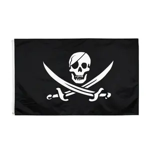 Atacado de Alta Qualidade de Impressão 100% Poliéster Preto Ossos Cruzados Pirata Bandeira Personalizada