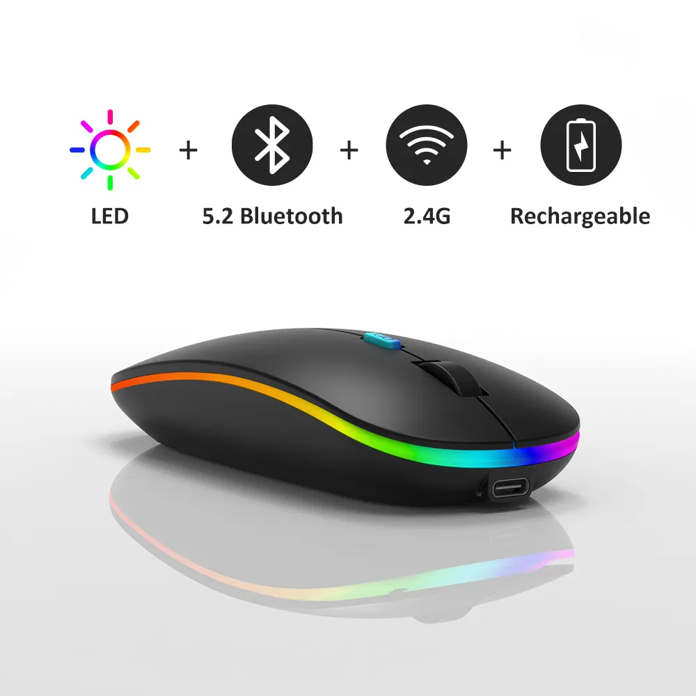 OEM personnalisé 2.4 souris bluetooth 5.0 souris sans fil bureau silencieux RVB rétroéclairage souris de jeu rechargeable mini pour ordinateur portable
