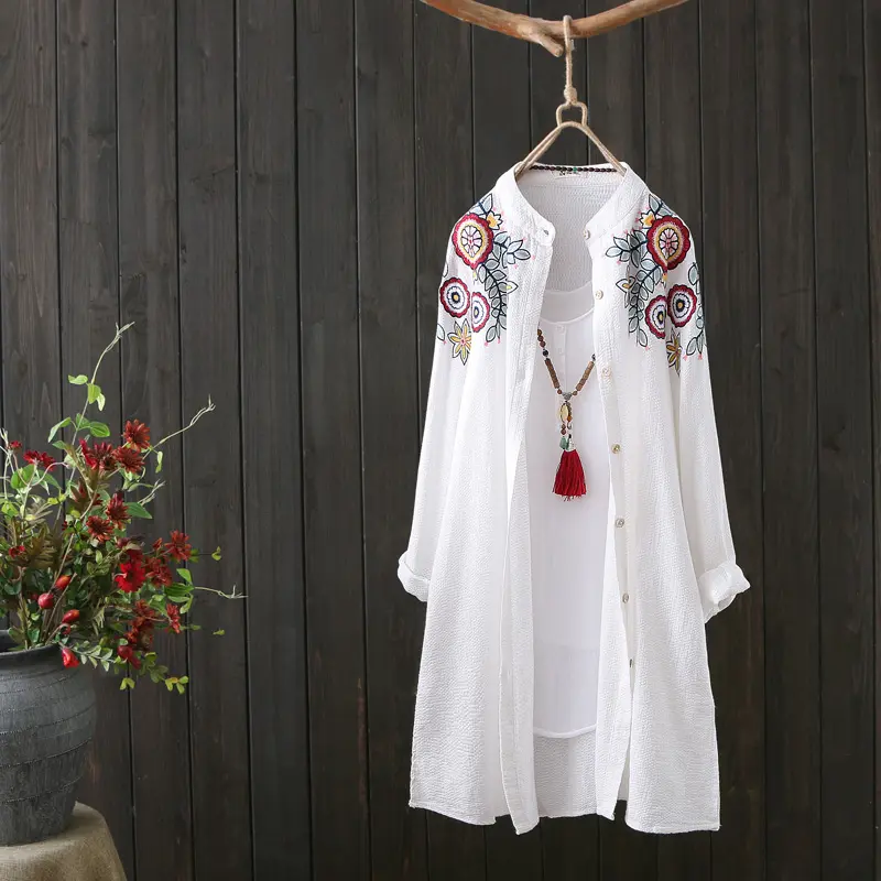 Women White Shirt 100% Cotton Embroidery Long Sleeve 2022 New Fashion Loose Top Office Lady Casual Wear Plus Size M-3XL