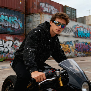 Felpa con Cappuccio Oversize <span class=keywords><strong>Y2k</strong></span> Personalizzata Streetwear con Stampa Grafica in Strass Nero Vintage Lavato, Spalle Scese e Taglio Corto per Uomo - Product Image 2