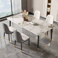 Table à manger rectangulaire moderne en pierre frittée et ensemble de 4 chaises avec pieds en métal, bureau de cuisine pour la maison, le café ou le restaurant