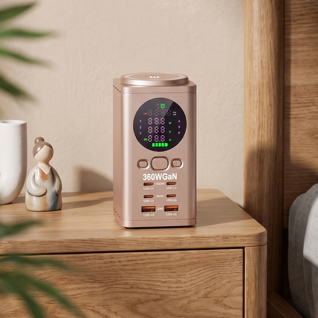 7-in-1 100W PD Fast Charger with Clock Function GaN Charger for Mobile Phones Computers and Wireless Earbuds