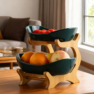 Factory Custom Decorative 3 Tiers Ceramic Fruit <strong>Candy</strong> Dish <strong>Tray</strong> Cake Stand Fruit <strong>Tray</strong> with Bamboo Stand - Product Image 3