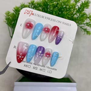 Newby almendra <span class=keywords><strong>uñas</strong></span> 3D hecho a mano diseño Floral <span class=keywords><strong>azul</strong></span> océano estilo desmontable <span class=keywords><strong>uñas</strong></span> arte conjunto hecho a mano dedos artificiales - Product Image 4