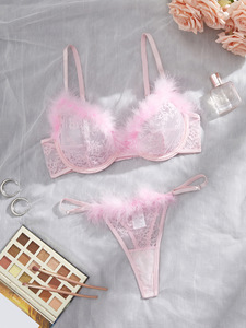 Wholesale Adult Sweet Cute <b>See</b> <b>Through</b> Plush <b>Bra</b> and Thong Lingerie Set Ladies Hot Sexy Lace Lingerie Set Women - Product Image 3