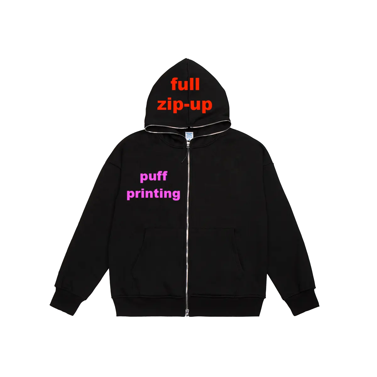 Heavyweight Oversized Over Face Hooded Custom High Quality Puff Embroidery Rhinestone Printing Full Zip Up Hoodie
