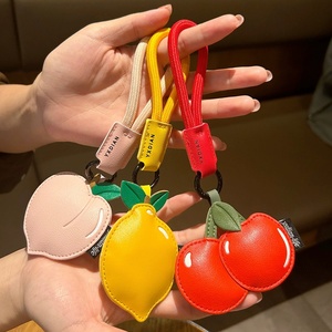 Eco-Friendly Women Car <b>Key</b> <b>Chain</b> High Quality Kids School Bag Pendant Soft PU <b>Leather</b> Cartoon Fruit Peach Cherry Lemon Keychain - Product Image 1