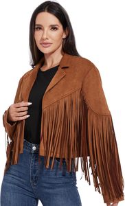 Blazer Corto da Donna in Finta Pelle Scamosciata Vegana S-XXL con Frange, Giacca Invernale in Maglia Effetto Pelle, Modello Tinta Unita, Stile Motociclista - Product Image 4