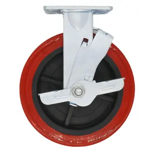 S-S 4 5 6 8 Inch PU Caster Wheel Red Tire Plate Rigid With Brake