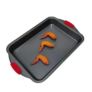 热销家用厨房烘焙深烤盘0.4毫米碳钢烤盘不粘饼干烤盘带硅胶手柄