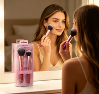 Lot de 2 pinceaux de maquillage pour le visage et les joues Sweet Rose, étui transparent, kit professionnel de pinceaux pour fond de teint, poudre et blush pour femmes