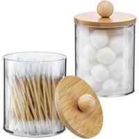 Distributeur de cotons-tiges en plastique transparent 2025 avec couvercles en bois de bambou – Boîte de rangement pour tampons et cotons-tiges de salle de bain