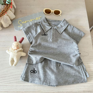 Tongxingyuan Girls Summer Set Polo <b>Top</b> Skirt Cotton Two Piece Outfit Solid Color Letters Thin Fabric - Product Image 4